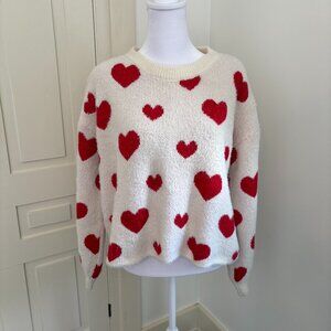 White and Red Hearts Fluffy Crew Neck Long Sleeve Pullover Sweater, L, by C+D+M